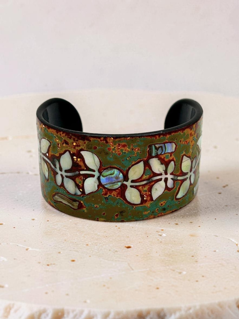 Vintage Resin Pearl Abalone Inlay Cuff Bracelet 7-8"